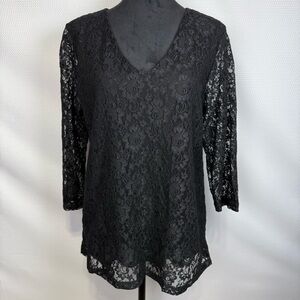 Motto V-neck Black Lace Top Large Semi-Sheer 3/4 Sleeves